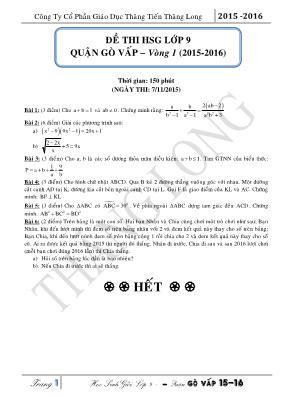 Đề thi học sinh giỏi lớp 9 năm 2015 - 2016